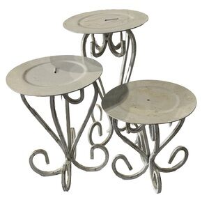 Set of 3 Vintage White Wrought Iron Candle Holders - Heart Scroll Design